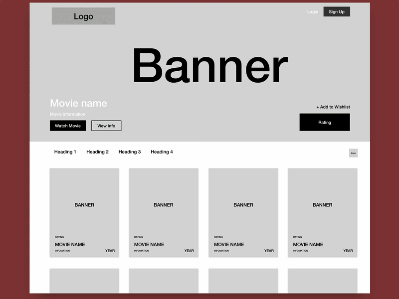 Movie app wireframe to high-fidelity mockup.