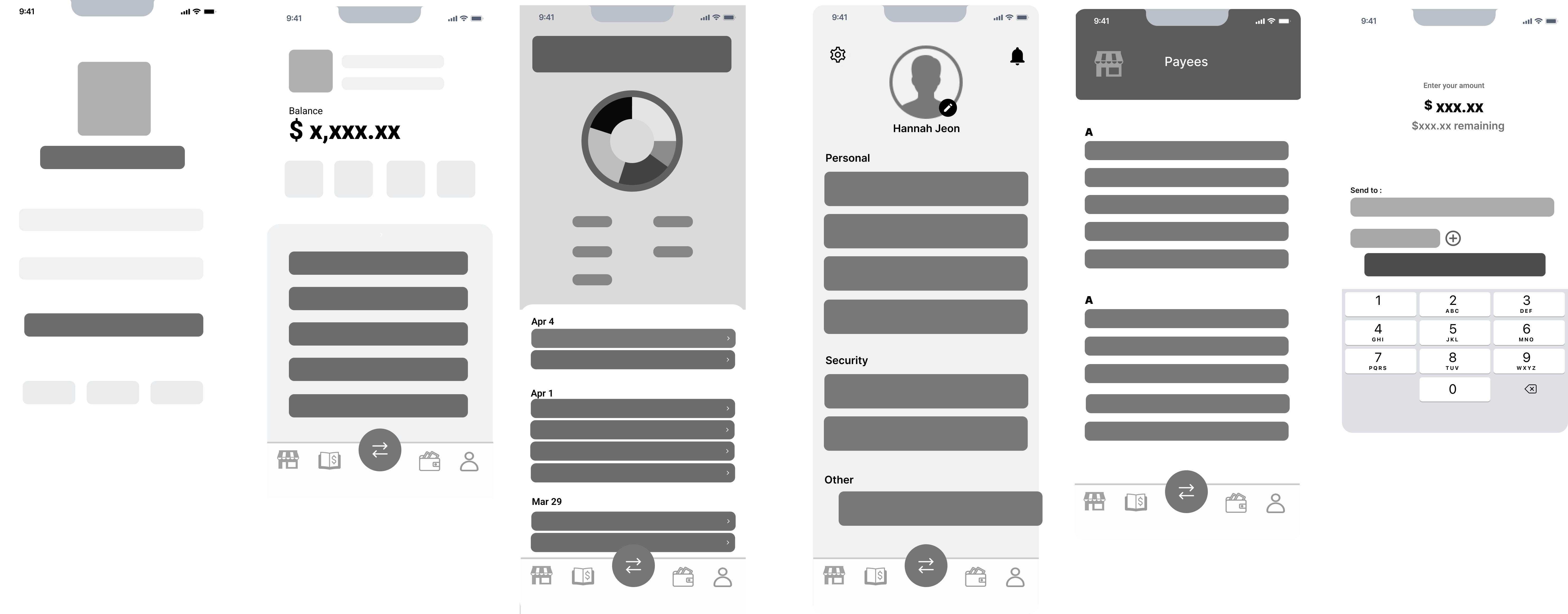 Wireframes of login page, dashboard, full transactions, and account details.