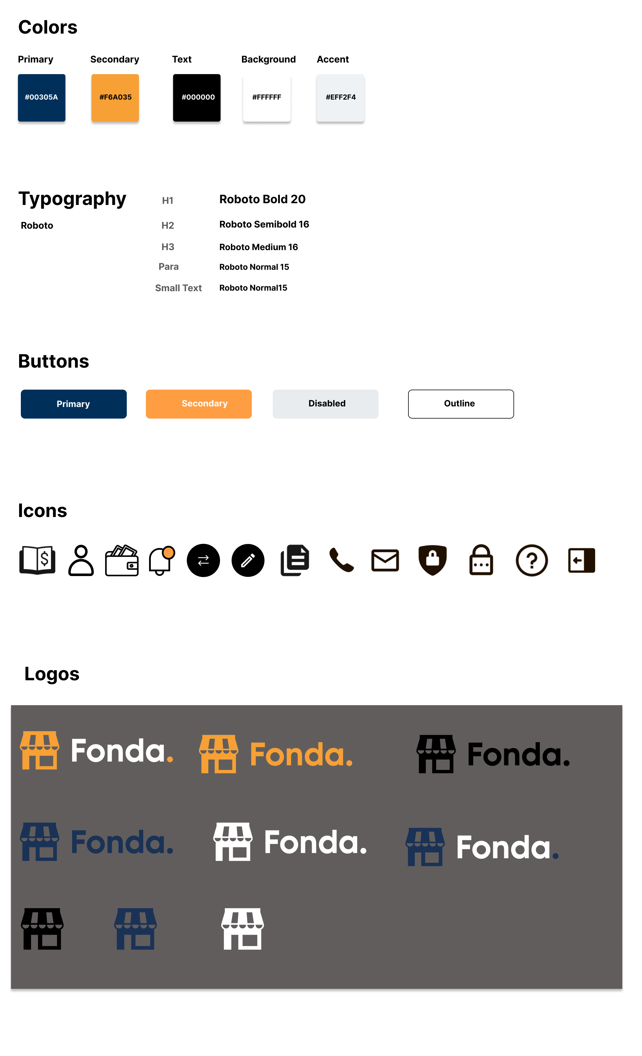 Visual style guide with colors, typography, and icons.