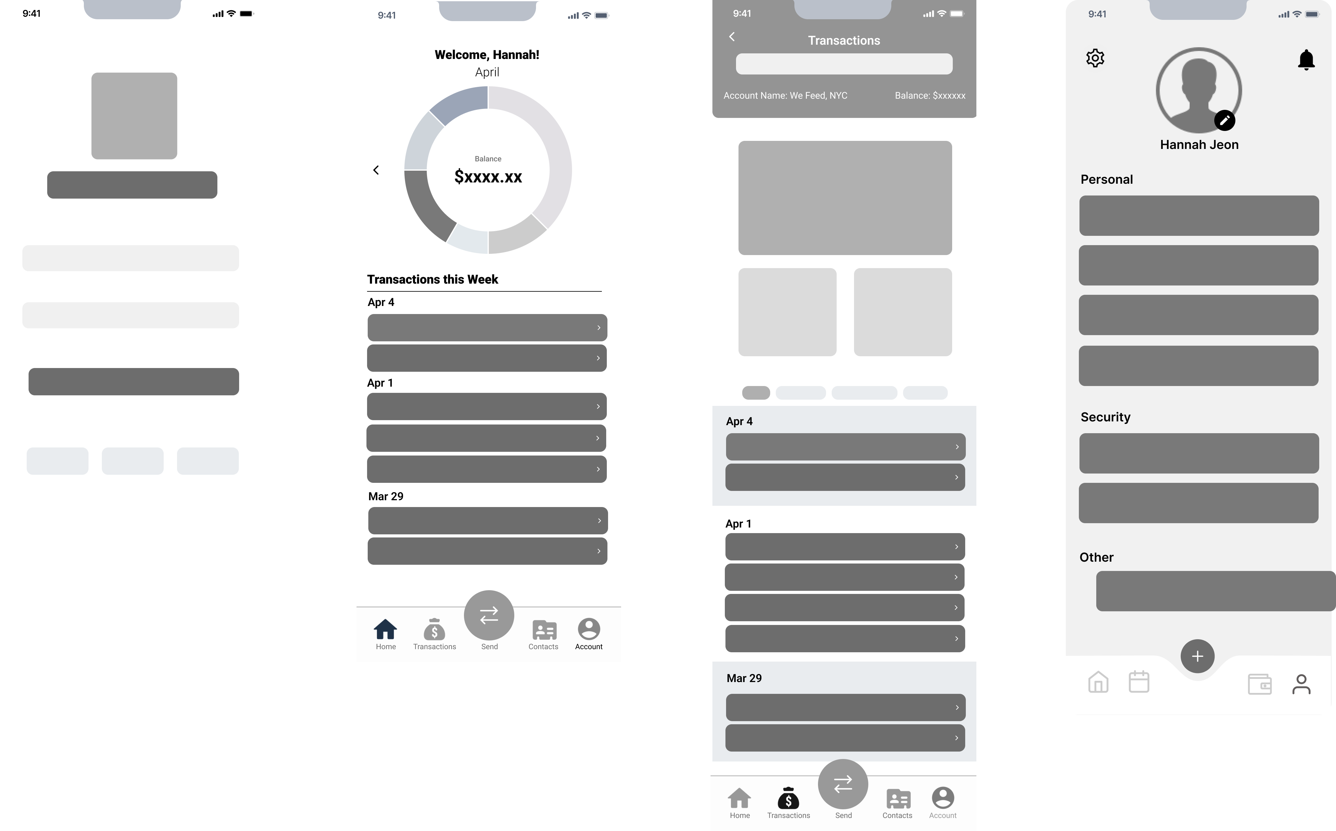 Wireframes of login page, dashboard, full transactions, and account details.